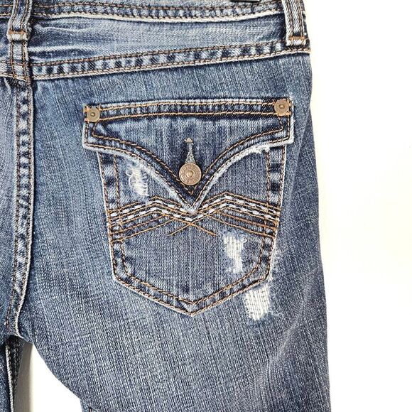 NWT EXPRESS Zelda Low Rise Distressed Stitched Med Wash Whiskered Crop Jeans 00 - Picture 5 of 8